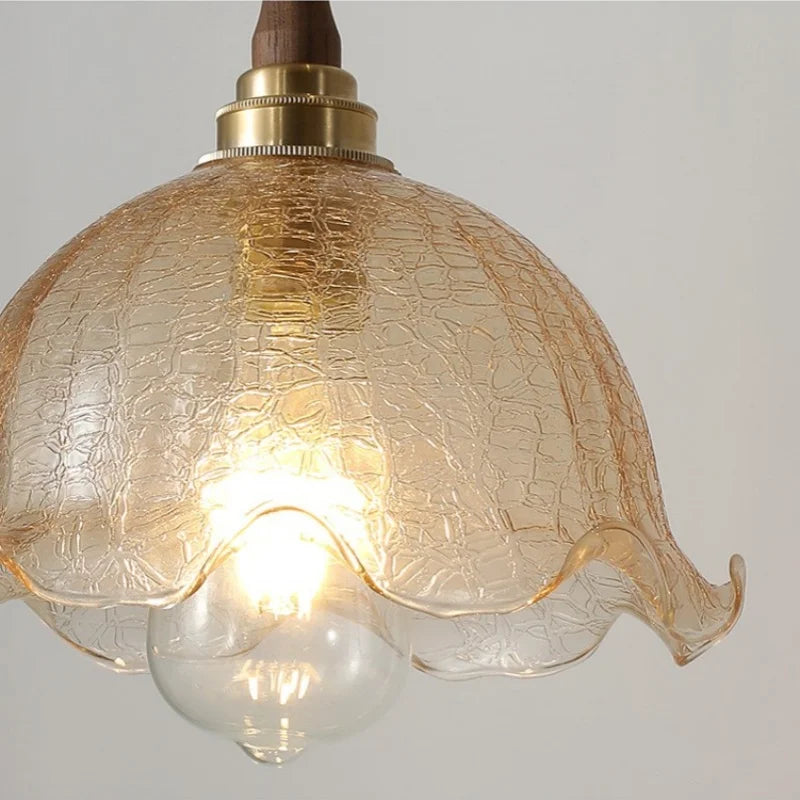Amber Glass LED Pendant Lamp with Walnut Wood Accent - Modern Nordic Hanging Light