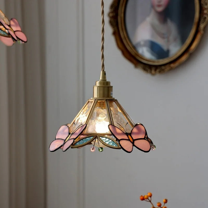 Butterfly Glass Flower LED Pendant Lamp – Tiffany Style Adjustable Hanging Lamp
