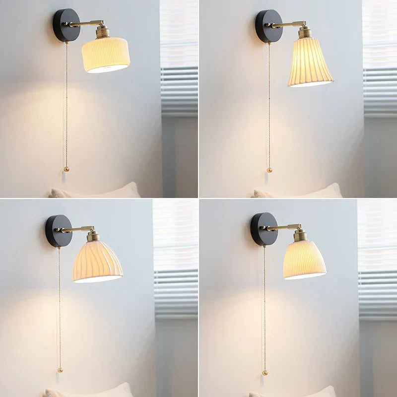 Copper LED Wall Lights Pull Chain Switch Modern Bedside Lamp