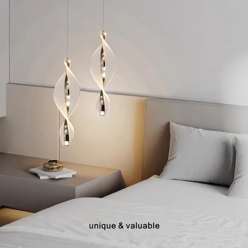 Spiral Gold LED Chandelier Acrylic Pendant Lights for Modern Bedside Stairs