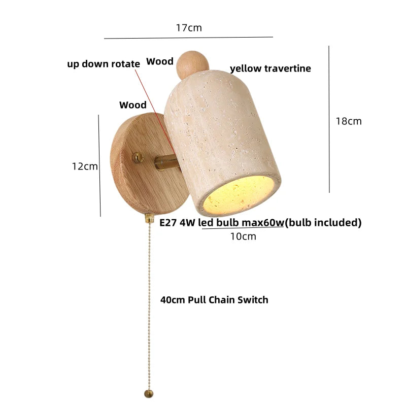 Yellow Travertine Wood Wall Light: Up Down Rotate LED Fixture with Pull Chain Switch.