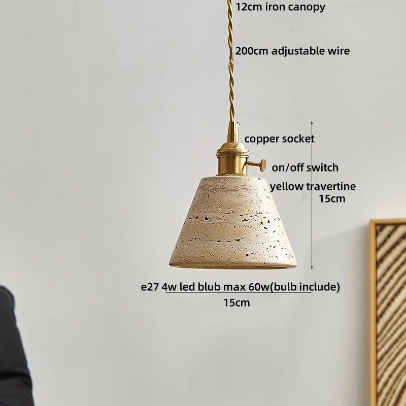 Afralia™ LED Knob Switch Pendant Lamp Yellow Travertine Copper Wabi Sabi Hanging Lights