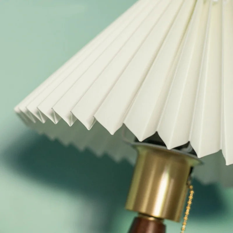 Pleated Fabric LED Wall Sconce Lamp Walnut Wood Light