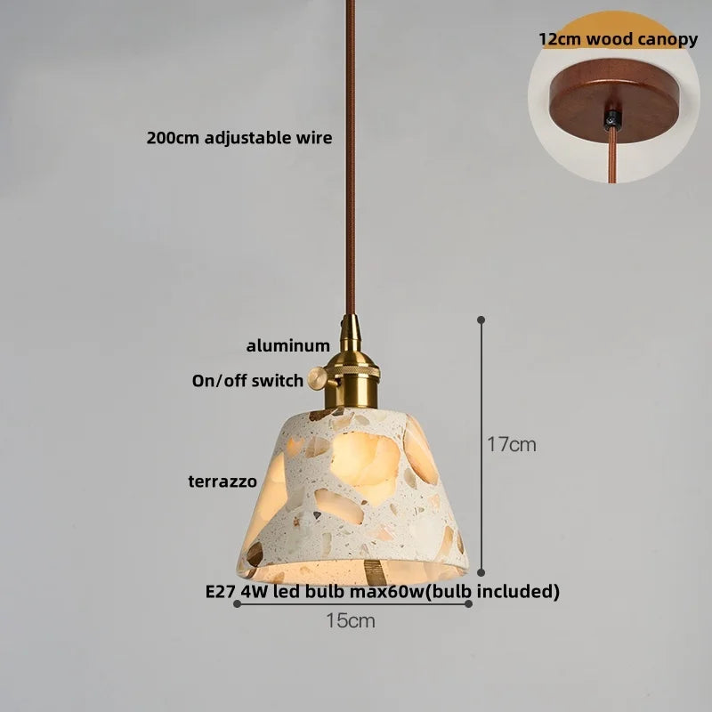 Afralia™ Minimalism LED Pendant Light Fixture Terrazzo Marble Stone Wood Hanging Lamp