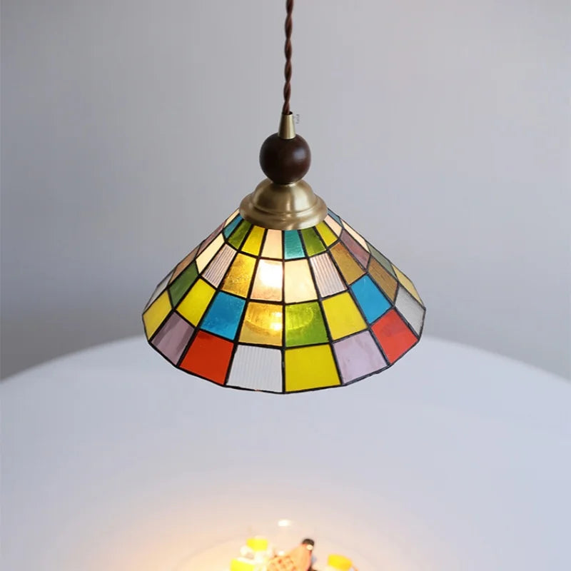 Walnut Wood LED Pendant Lights Colorful Glass Modern Kitchen Luminaira