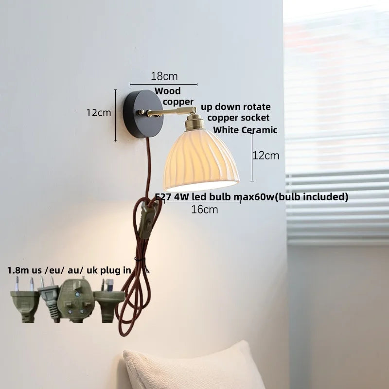 White Ceramic Wood LED Wall Light Fixture Pull Chain Switch Bedside Lamp