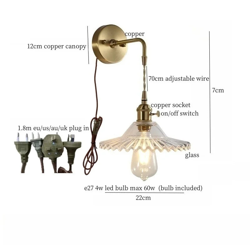 Brass Glass LED Wall Sconce Light for Living Room, Bedroom, Bathroom