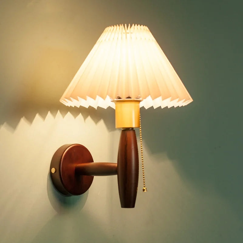 Pleated Fabric LED Wall Sconce Lamp Walnut Wood Light