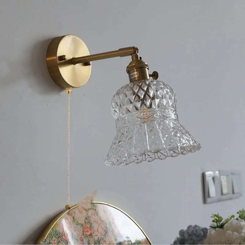 Amber Flower Glass Wall Light Fixture with Pull Chain Switch