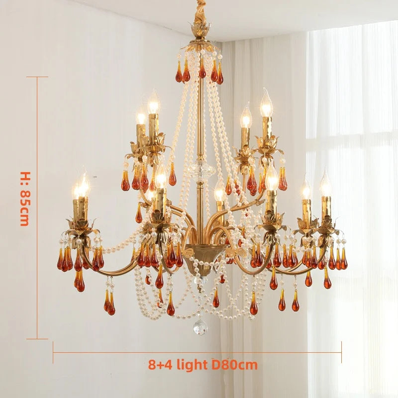 Luxury Red Crystal Candle Chandelier LED Pendant Light - Copper E14 Glamourizing Luminarias