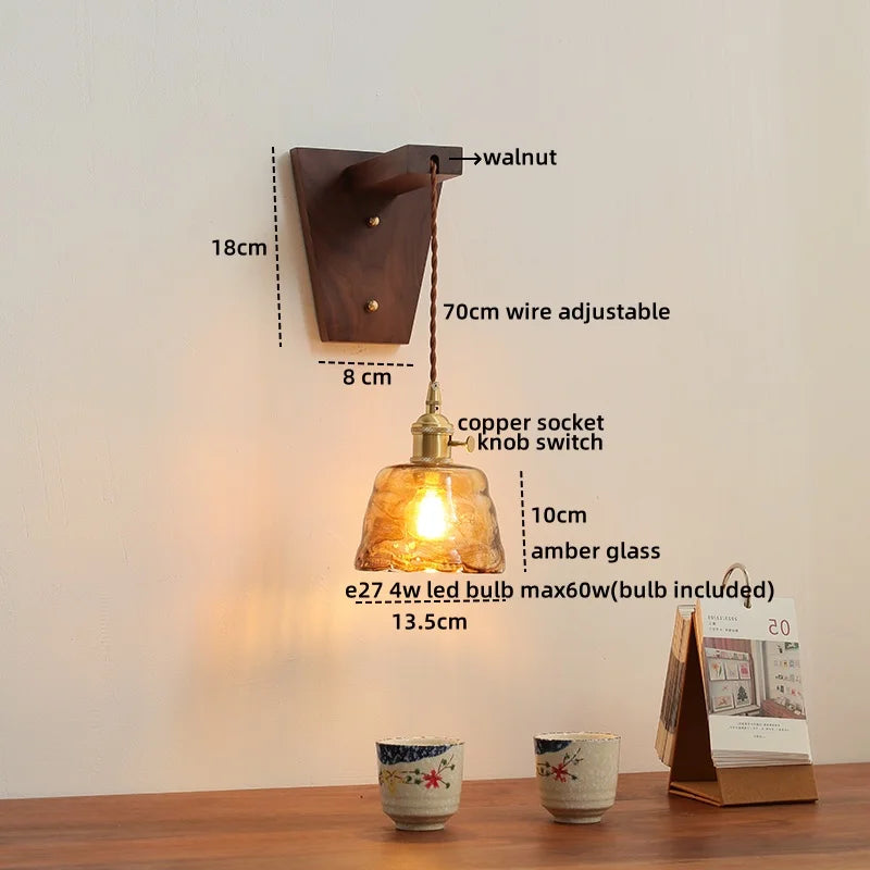 Walnut Glass LED Wall Light Fixture | Modern Bedroom Bathroom Living Room Lamp
