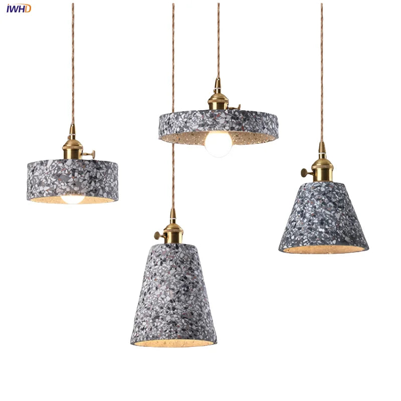 Afralia™ Terrazzo Stone LED Pendant Light with Copper Knob Switch, Adjustable Hanging Lamp