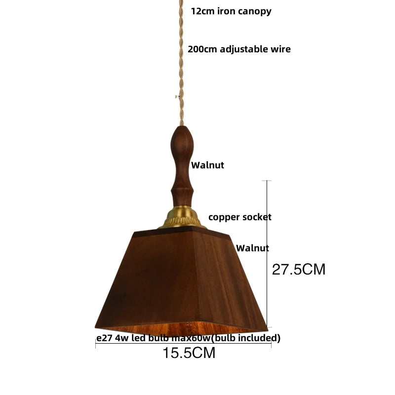 Walnut Wood LED Pendant Light Fixture: Japan Style Hanging Lamp for Bedroom and Living Room