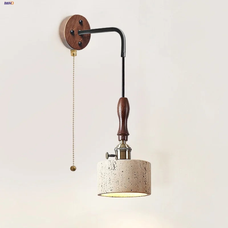 Modern Copper LED Wall Light with Pull Chain Switch & Yellow Travertine Stone