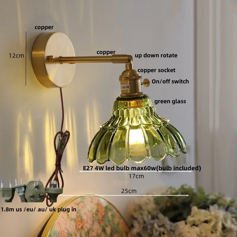 Afralia™ Copper Rotate LED Wall Light with Pull Chain Switch - Modern Glass Bedside Sconce