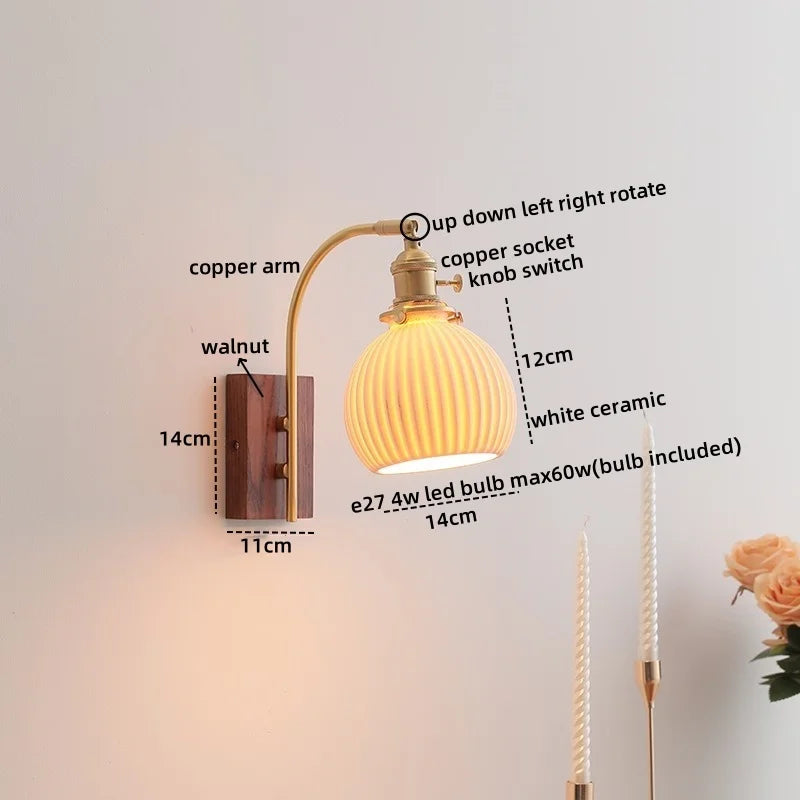 Ceramic Walnut LED Wall Lights Modern Bedside Lamp - Knob Switch