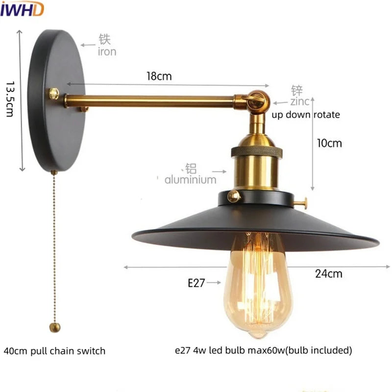 Gold Industrial LED Wall Lamp for Loft Stair & Bedroom Lighting