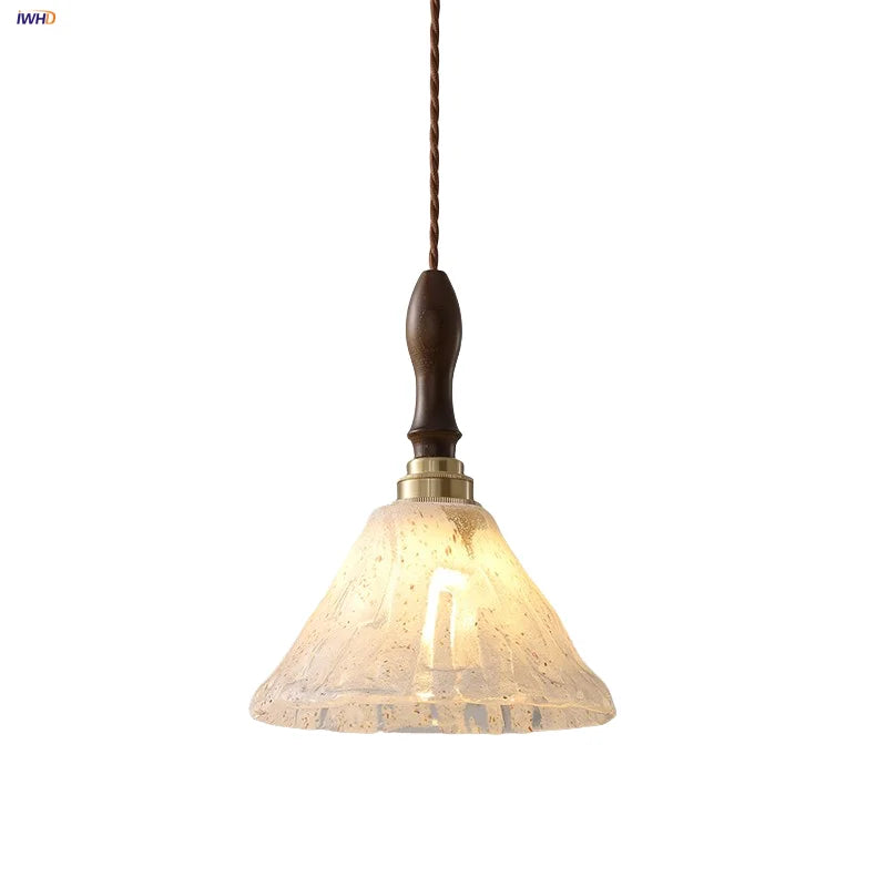 White Glass LED Pendant Light Fixture Walnut Wood Hang Lamp