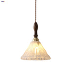White Glass LED Pendant Light Fixture Walnut Wood Hang Lamp