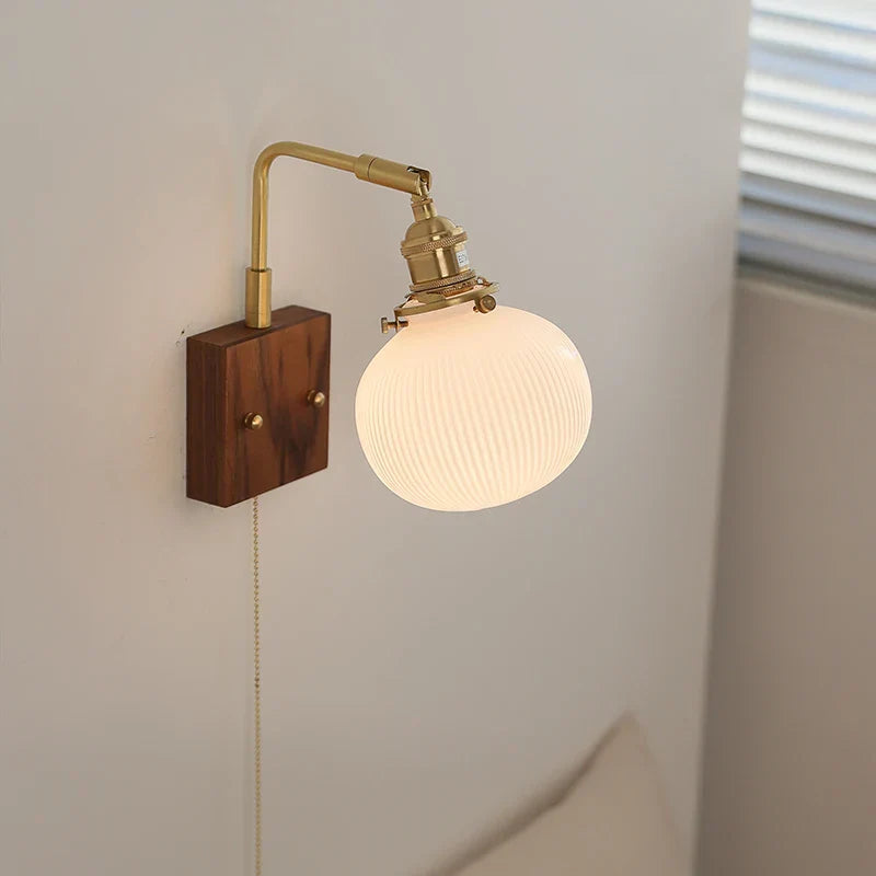 Globe Ceramic LED Wall Lights Walnut Wood Sconce Rotatable Bedside Lamp