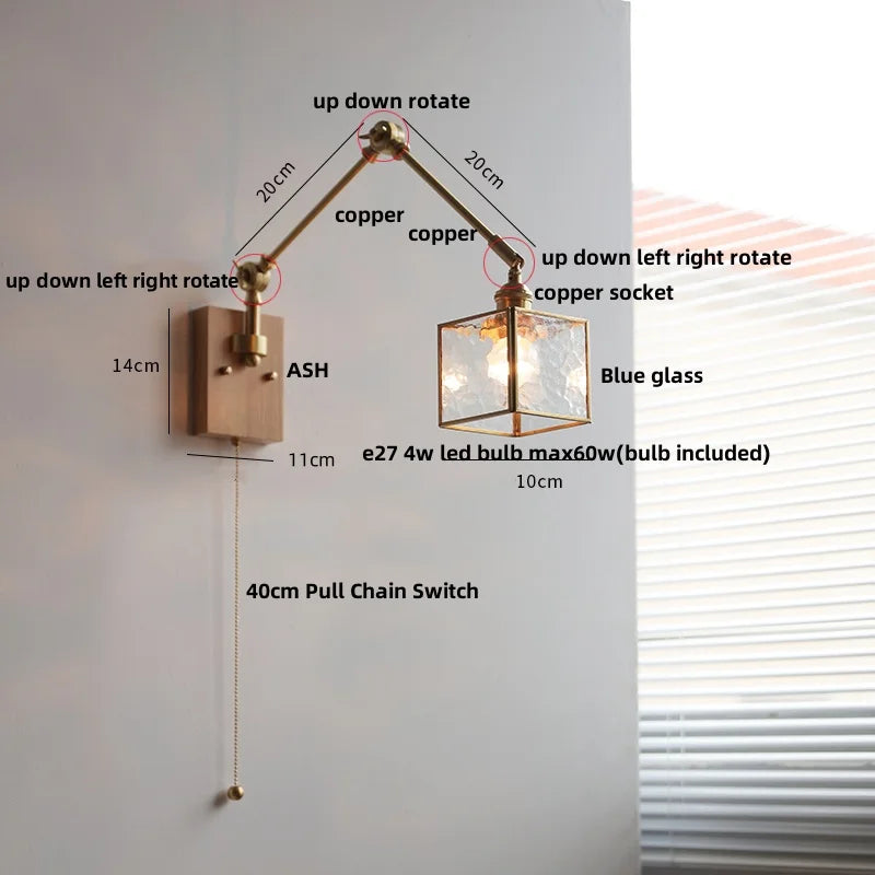 Ash Wood LED Swing Arm Wall Light with Pull Chain Switch & Blue Glass