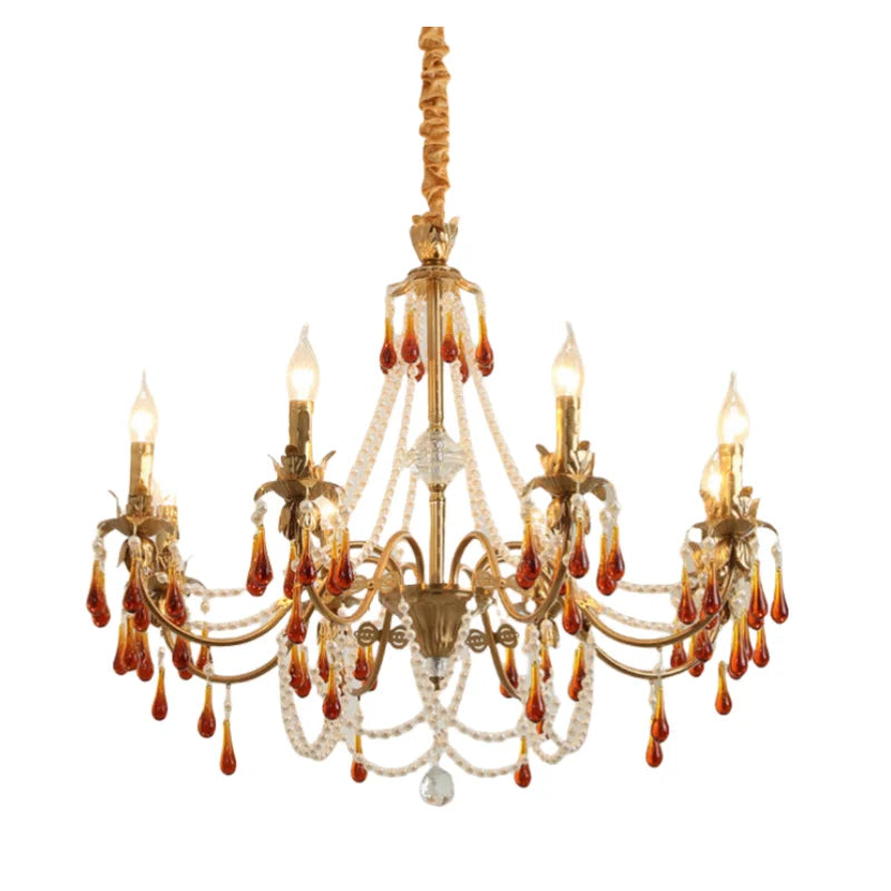 Luxury Red Crystal Candle Chandelier LED Pendant Light - Copper E14 Glamourizing Luminarias