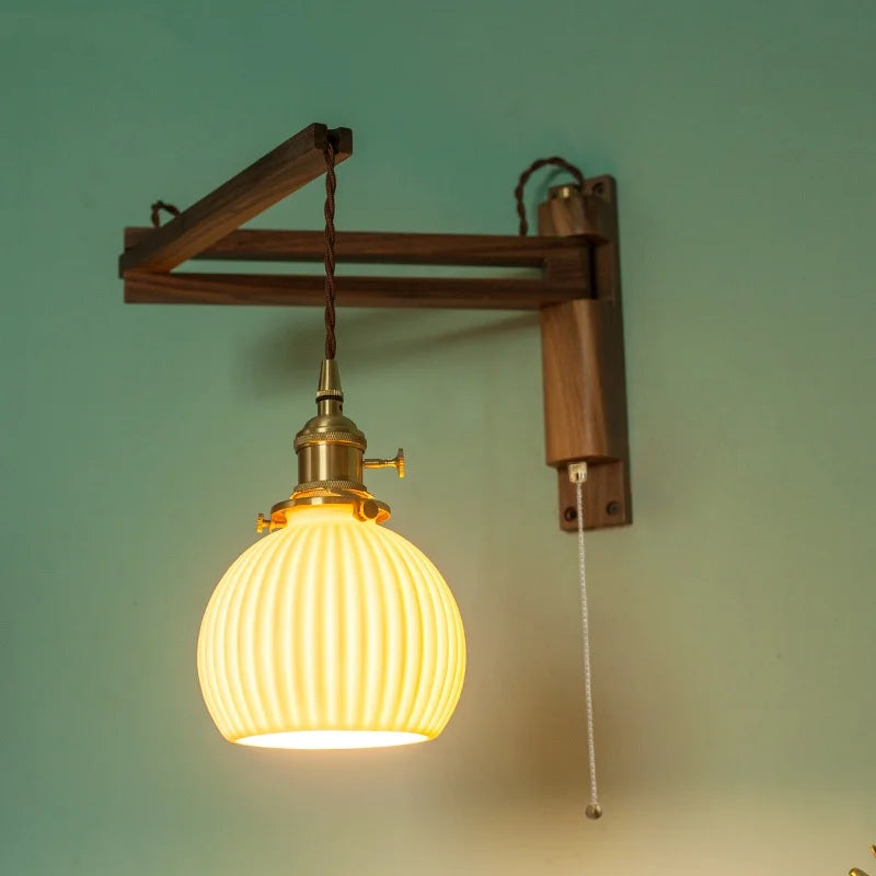 Ceramic LED Wall Sconce Walnut Wood Copper Pull Chain Switch Light