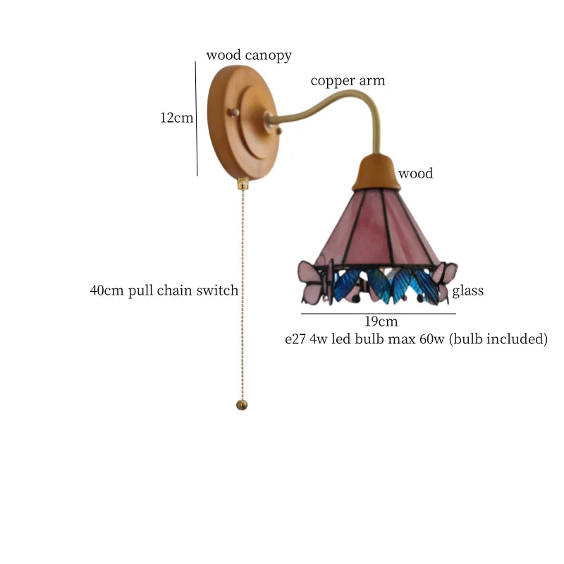 Butterfly Glass LED Wall Light with Copper Arm for Home Decor.