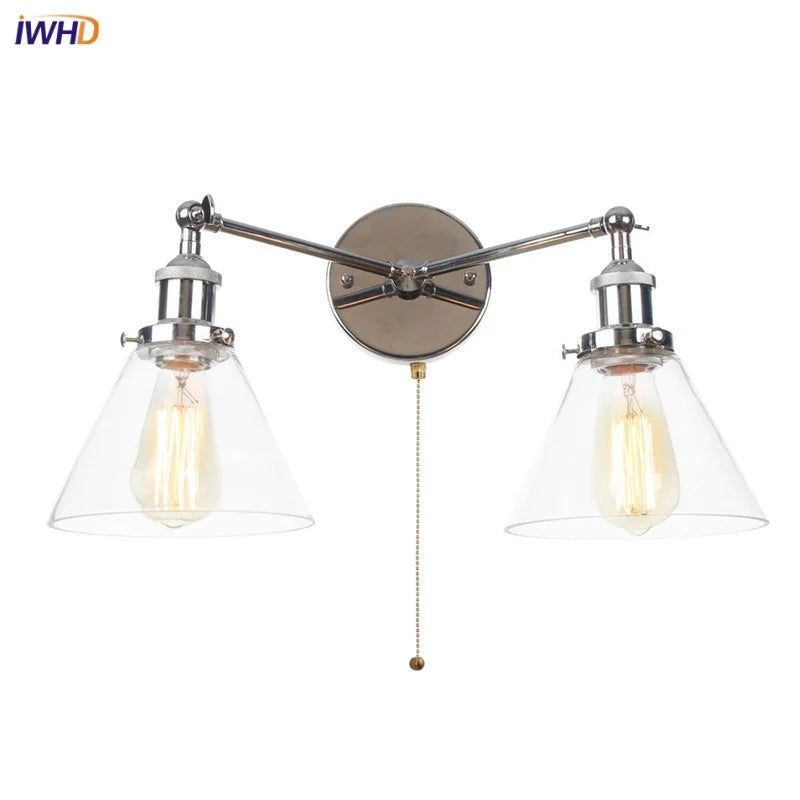 Retro LED Wall Light with Pull Chain Switch, 2 Heads Sconce for Living Room