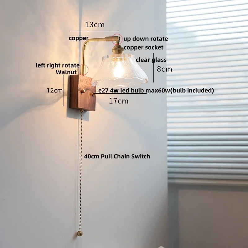 Walnut Glass LED Wall Light: Modern Brass Rotatable Bedside Lamp