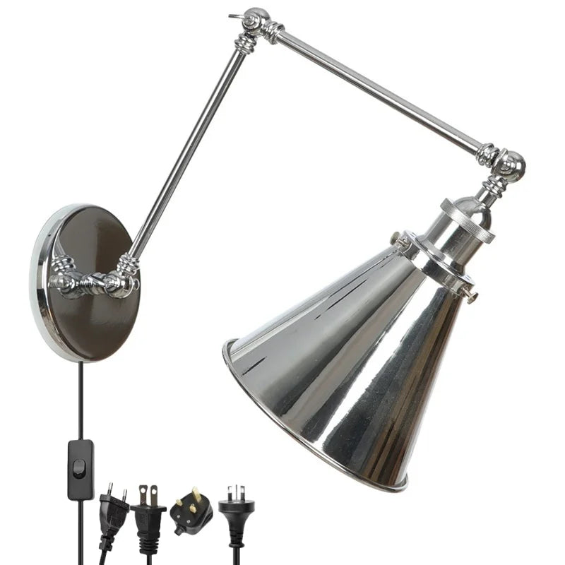 Silver Iron LED Swing Arm Wall Lights, Industrial Style, Plug-In, Stair & Bedside Lamp