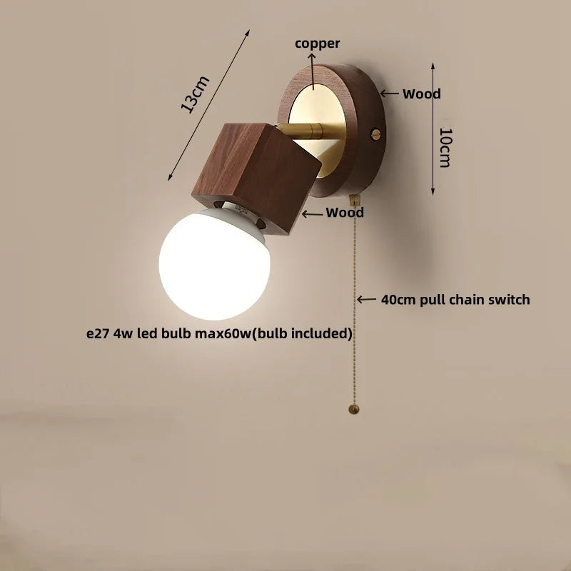 Modern Copper Wood LED Wall Lights with Pull Chain Switch for Bedroom Vanity.