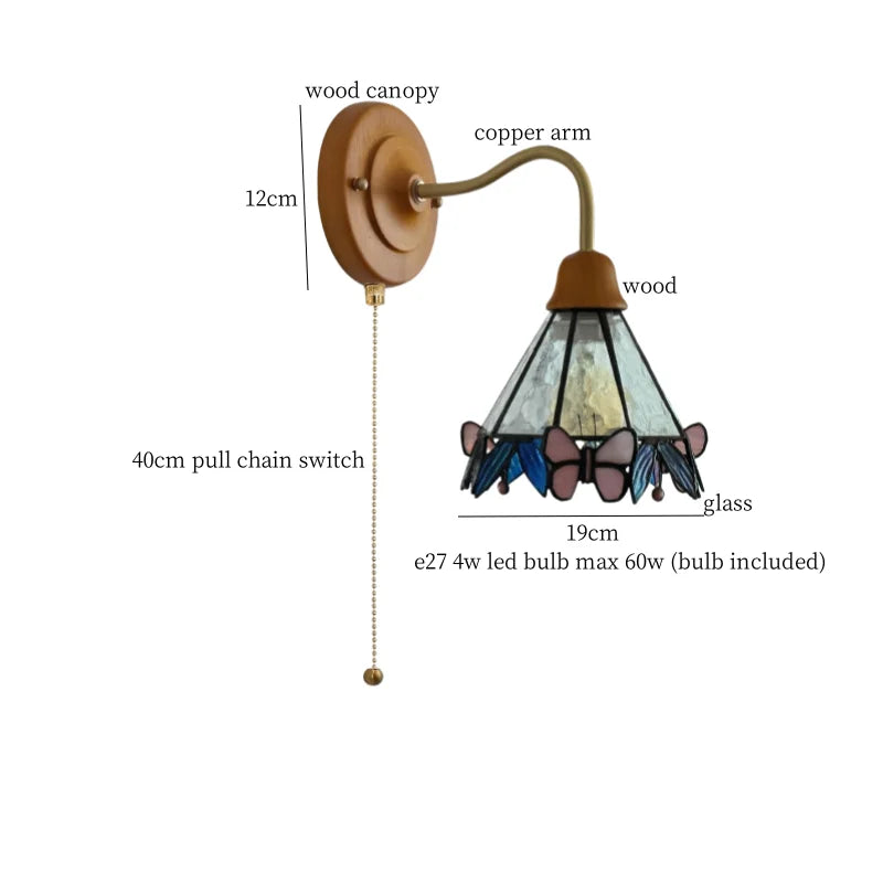 Butterfly Glass LED Wall Light with Copper Arm for Home Decor.