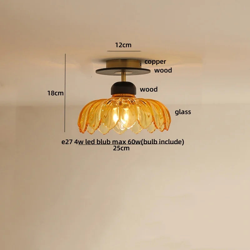 Afralia Wood Copper LED Ceiling Light Amber Glass Plafond Lamp