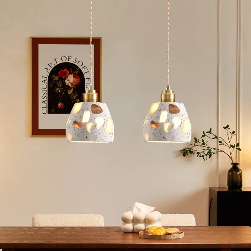 Afralia™ White Terrazzo Stone Copper LED Pendant Light Fixture - Wabi Sabi Design