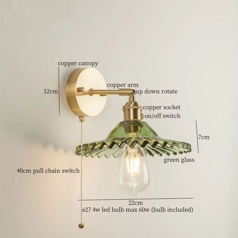 Afralia™ Green Glass LED Wall Light Fixture | Modern Nordic Pull Chain Lamp