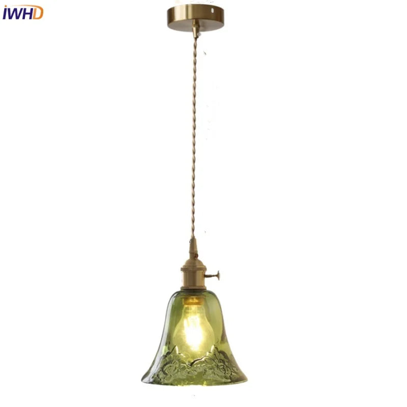 Modern Green Glass LED Pendant Lamp - Adjustable Wire, Copper Finish