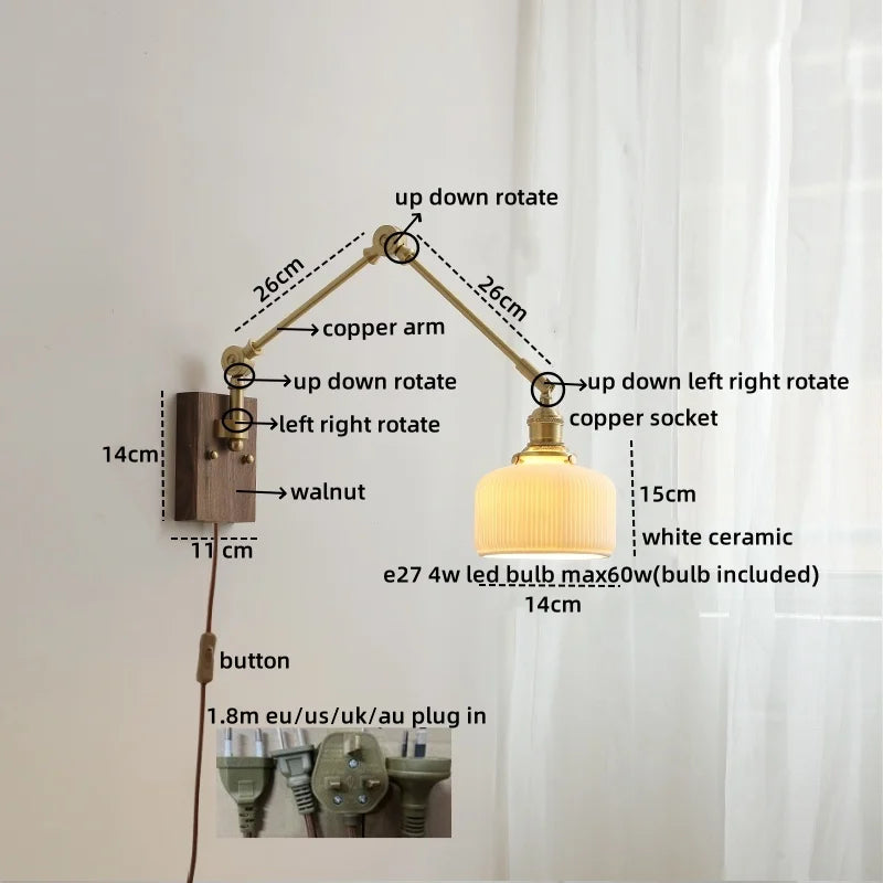 Ceramic Copper Swing Arm LED Wall Lights for Home Decor