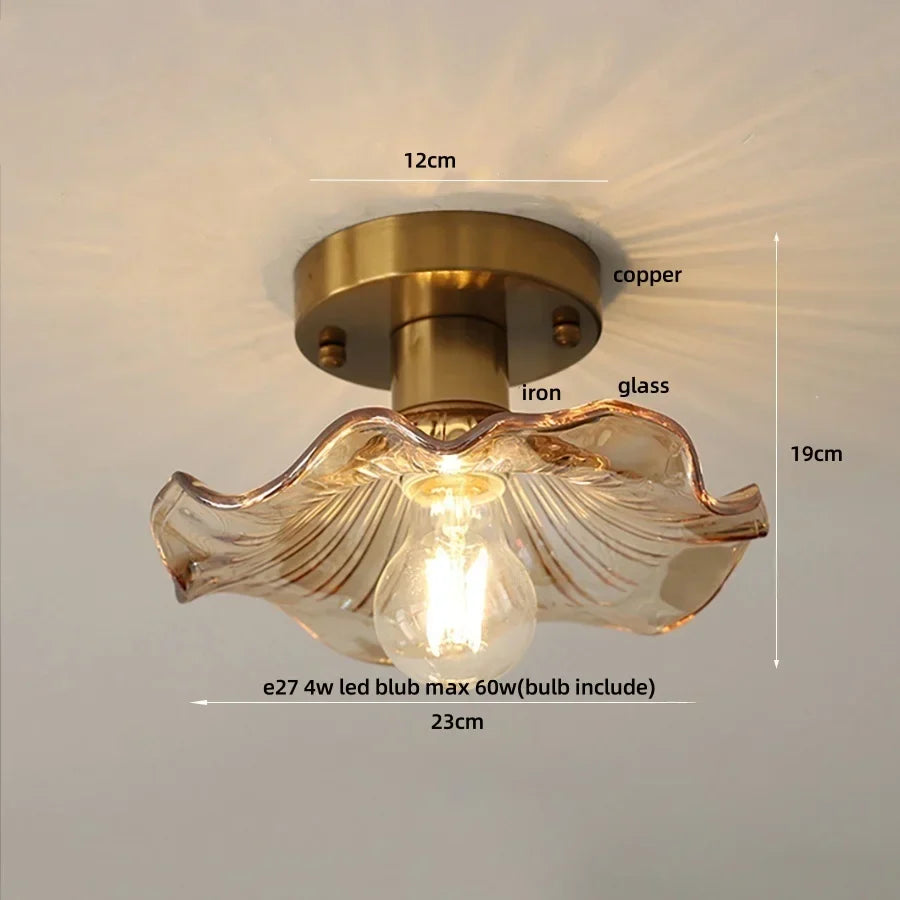 Tiffany Cube Glass LED Ceiling Lamp Copper Canopy Flush Mount Light