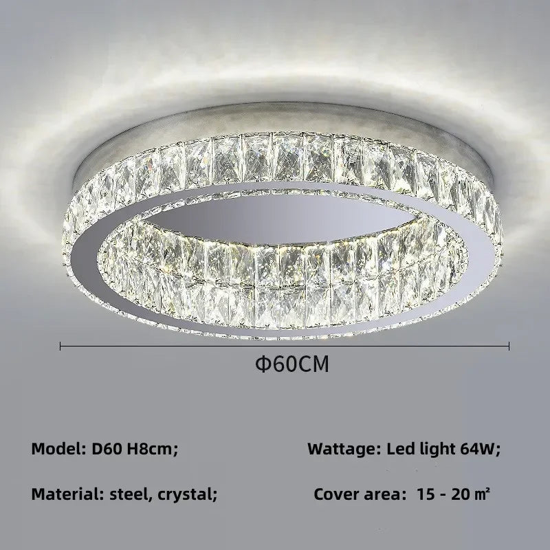 Crystal LED Ceiling Light Chrome Steel Chandelier - Dimmable Round Lamp