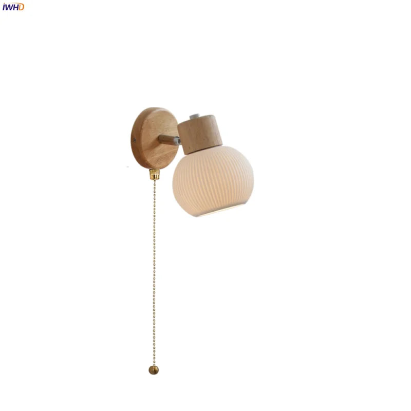 Afralia™ White Ceramic LED Wall Light with Pull Chain Switch and Wood Base