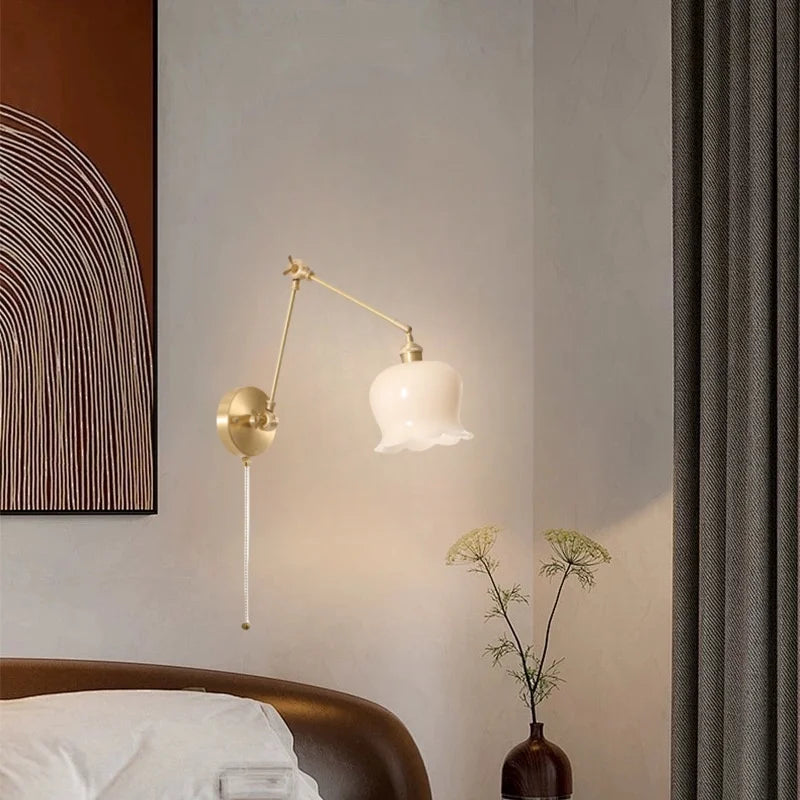 Afralia™ Cream Resin LED Wall Lights with Pull Chain Switch - Vintage Copper Bedside Lamp