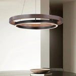 Wood Grain Chandelier: Minimalist Round LED Hanging Light Fixture for Home Decor