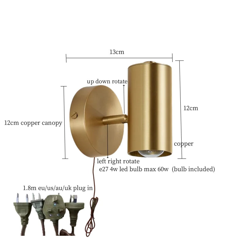 Nordic Copper LED Wall Lamp Pull Chain Switch Wandlamp