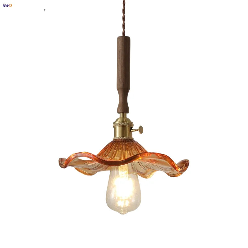 Amber Glass LED Pendant Light, Nordic Modern Design, Walnut Wood, Dining Living Room Lighting