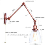 Adjustable Glass Swing Arm LED Wall Sconce with Pull Chain Switch
