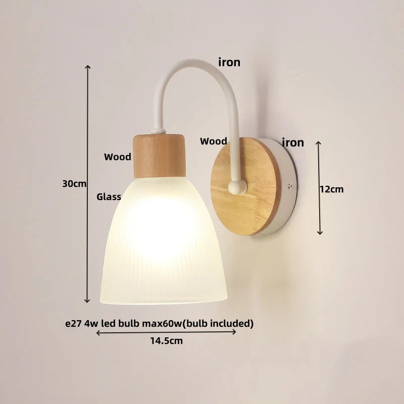 Glass LED Wall Sconce Wood Base Modern Bathroom Light Fixture