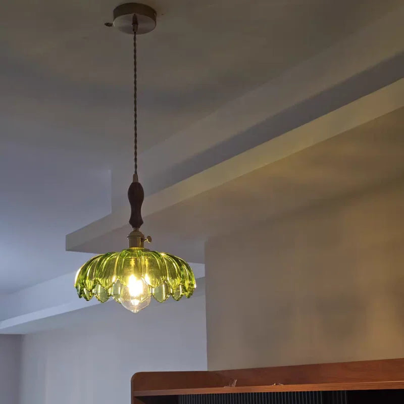 Walnut Wood LED Pendant Light Fixture Glass Hanging Lamp