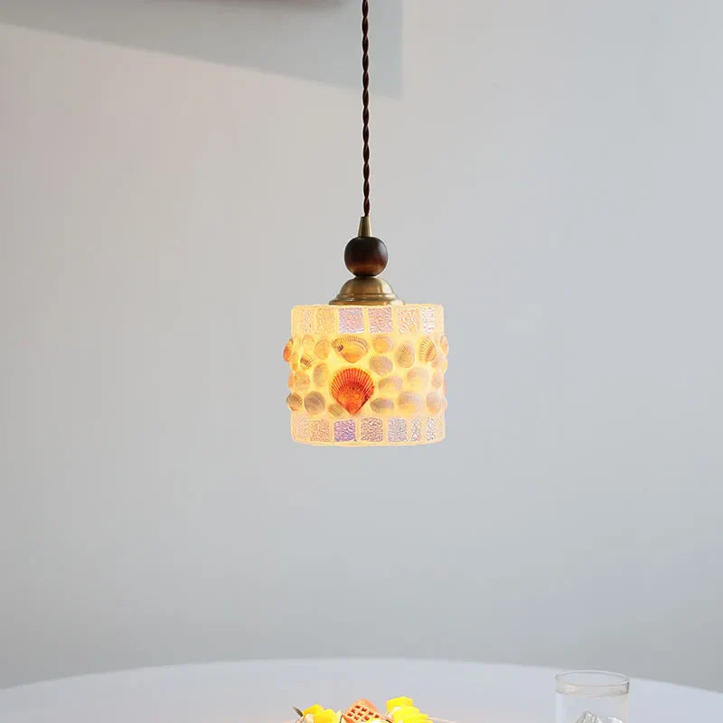 Glass LED Pendant Lights Walnut Wood Adjustable Hanging Lamp