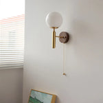 White Glass LED Wall Sconce with Pull Chain Switch, Modern Copper Base Mirror Light